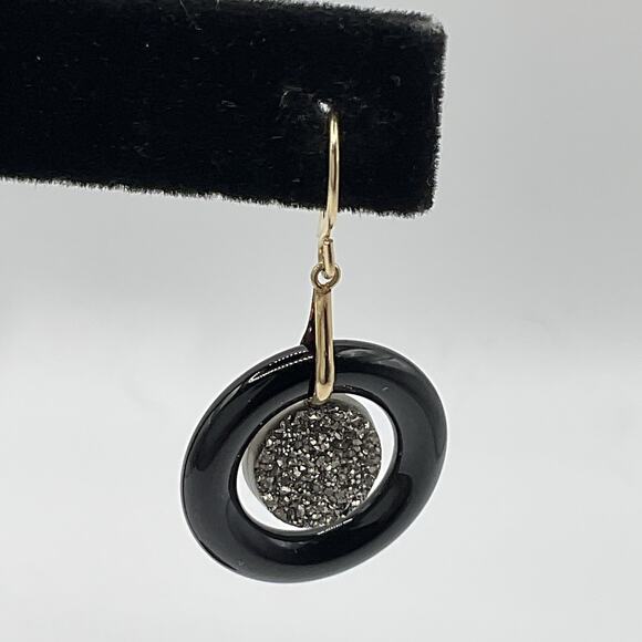 14k Gold Earrings Druzy Hemitate Black Onyx Dangle Hook 1.5” JCM Signed Dangle - Picture 4 of 10